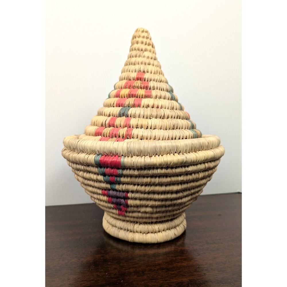 Handwoven Lidded Coiled Grass Basket Southwest Storage Decor 10in Multicolor